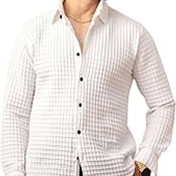 Men's Textured Grid Pattern Button Down Shirt, Long Sleeve,Casual Dress Shirt-picture-45