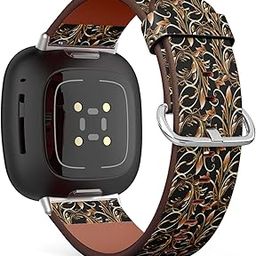 CJBROES Replacement Leather Watch Band, Compatible with Fitbit Versa 3 and Fitbit Sense of Wristband Bracelet Accessory - Floral Black-image-93