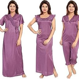 Women's Satin Plain/Solid Nightwear Set Pack of 4-image-79