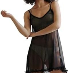 Sheer Babydoll Nightdress with Ruffle Trim, Adjustable Straps Plus Size Transparent Chemise (Black)-image-37
