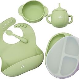 Minimum - Baby Feeding Bibs Set & Meal Set of 5 pcs | Silicone Feeding Set Bibs Suction Bowl | Sippy Cup, Suction Plate, Spoon | Baby Feeding Bowl & Spoon Set (Blue & Pink 5pc Set) (Green)-19