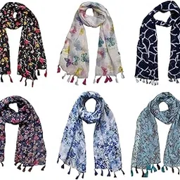 letz dezine ™ Women's Printed Chiffon Multicolored Scarf and Stoles - Set of 6 (LDS10707)-picture-19