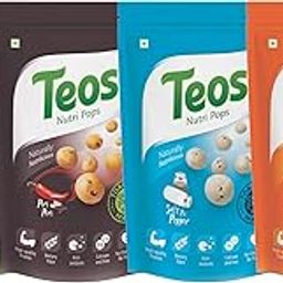 Teos Nutri Pops Roasted Makhana Snacks, Cream and Onion, Piri Piri, Salt and Pepper & Tangy Pickle, Tasty, Healthy & Crispy Munchies, Pack of 4, 260 g.-image-1