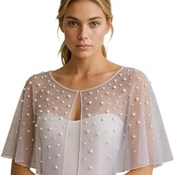 RABBA Women's White Net Pearl Embellished Capelet Shrug | Silver Beaded Work, White Pearls | Sheer Ethnic Cape for Party &-image-70