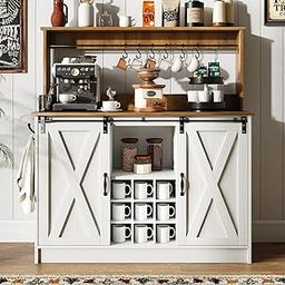 Farmhouse Coffee Bar Cabinet with 6 Hooks, 47’’ Kitchen Buffet Storage Cabinet with Sliding Barn Door, Sideboard Buffet Cabinet Wine Bar Cabinet with Adjustable Shelf for Dining Living Room, White-picture-18