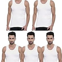 Men's White Ribbed Cotton Fabric Round Neck Sleeveless Vest - Pack of 5 (#Dixcy-Derby-100 CM)-0