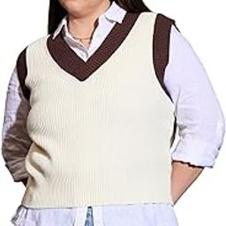 Curve White & Brown Solid V-Neck Sweater Vest-image-39
