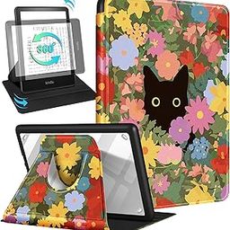 for Kindle Paperwhite 11th Generation Case 6.8 Inch 2021/Paperwhite Signature Edition Case Women Girls Kids Cute Kawaii Cat Flower Design Rotating Stand Girly Folio Cover with Auto Wake/Sleep-picture-2