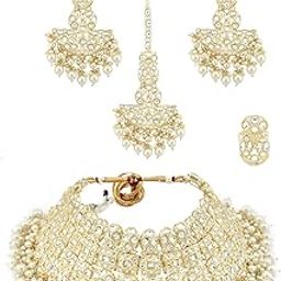 Gold Tone Bridal Kundan Choker Necklace Earring Maangtikka & Ring Set For Women-ZPFK12217-image-3