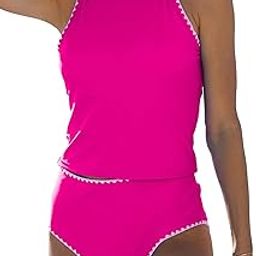 Women Cute White Trim Bathing Suit Swimwear Round Neck Tankini Set, Black, Rose Red, Medium-image-67