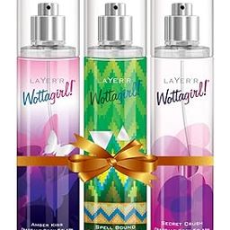 Layer'r Women WottaGirl Fresh Scent Spray Body Splash Gift Set Combo Pack Of 3 -Secret Crush, Spellbound, Amber Kiss Fresh Scent Spray Body Splash 135Ml-27