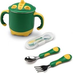 ONE AND ONLY Kids, Toddlers Insulated Sippy Cup & Spoon Fork Combo with Travel Case | Feeding Mug Under Stainless Steel & Cutlery Set | Unbreakable Silicon with Green Dino Pattern Baby & Tiny Gift Set-image-7