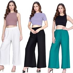 Palazzo for Women,Rayon Flared Wide Leg Trousers with Pocket,Black,White & Rama Green Office Wear Pants for Kurti Tunic Top | Comfortable & Stylish,Jumbo Size, Fits up to 36" to 42" Waist-image-29