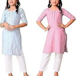 Girls' Printed Green and Blue Color Sequence Work, Cotton Kurti Kurta with 3/4 Sleeves-image-96