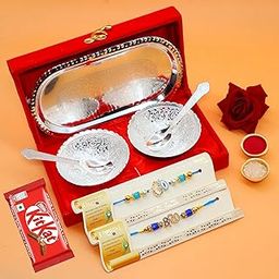 Jaipur Ace Premium Rakhi Gifts Hamper Rakhi for brother with Silver Plated Gifts Bowl Set With Kitkat Chocolate Rakhi & Greeting Card (2 Rakhi With Gift Hamper)-image-35
