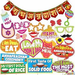 WOBBOX Photo Booth Party Props with Bunting Banner Hindi Shubh Annaprashan Red & Golden Gliter Color Font, Decoration Item-image-16