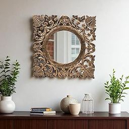 THE URBAN STORE Wall Mirror | Wall Decoration Wooden Brushed Golden Black Color 20"x20" Pack of One French Style Elegantly Hand Crafted Floral Carving Mirror for Home and Office Decor TUSMR51-image-50