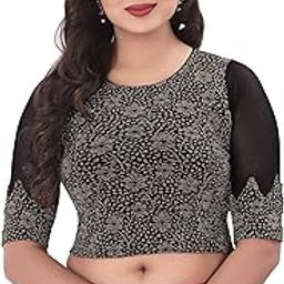 Round Neck Cotton Lycra Regular Fit Saree Blouse for Women | Half Sleeve Readymade Stretchy Embroidered Design with Silver Zari Festive Blouse Perfect for Saree, Lehenga, Kurti | 32-44-image-20