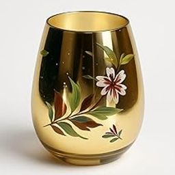 Decorative Glass Vase with Floral Design, Gold, 11.50 cm x 10 cm, Hand-Painted White Flower Pattern-image-52