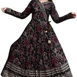 Floral Print Long Anarkali Dress, Full Sleeves, Maroon and Black, Traditional Indian Ethnic Gown-picture-22