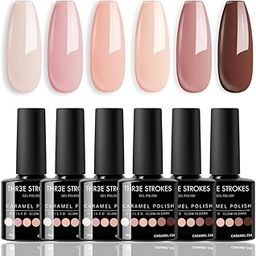 THR3E STROKES Gel Nail Polish Set- 6 Colors Nude Gel Polish All Seasons Skin Tones Pink Neutral Brown Gel Polish Kit (Uv/Led Lamp Required) Shades Need At Least 3 Layers, Shine Finish, 7.5 Milliliters (CARAMEL 234, 15ml)-image-66