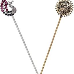 Peacock Silver & Gold Plated Round Juda Hair Combo Stick Pink Colour For Girls-image-0