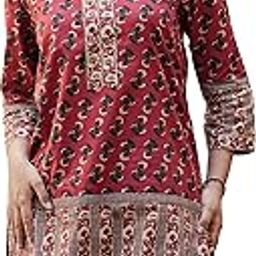 Women's Maroon Cotton Floral Printed Mid Thigh Length 3/4th Sleeve Mandarin Collar Short Kurti-picture-21