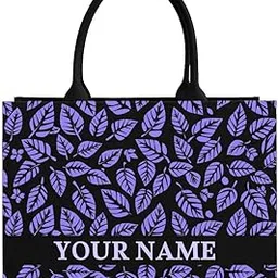 rerden Personalized Leaf Pattern Tote Bag, Black with Purple Design, Customizable Name, Fashion Shoulder Handbag-picture-33