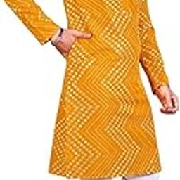 Cotton Mens Embroidered Mirror Work Men's Kurta and Pyjama Set (Large, Yellow)-image-71