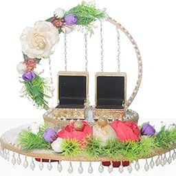 Decorative Ring Platter with Pearl Beads, Floral Display Stand, Gold Base with Pink and White Roses, Wedding Ring Holder with Pearl Drops By Shagun World-image-4