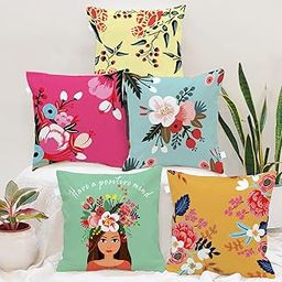 BRICK HOME Highlighter Printed Poly Cotton Cushion Cover (Multicolour, 16X16 Inches) - Set of 5-image-86