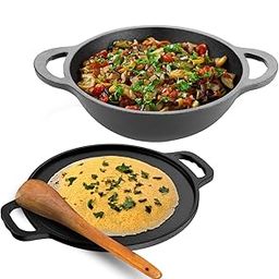 Lifelong Cast Iron Dosa Tawa & Kadai with Wooden Spatula for Dosa, Uttapam & Chapati | 30 cm Tawa & 24 cm Kadhai | Pre Seasoned, Non-Toxic, Non-Stick & Teflon Free | Gas & Induction Stove-Friendly-picture-10