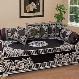 FRESH FROM LOOM Velvet Floral Diwan Set Coffee - 1 Single Bedsheet with 2 Bolster Covers and 5 Cushion Covers (8pc Set)-image-40