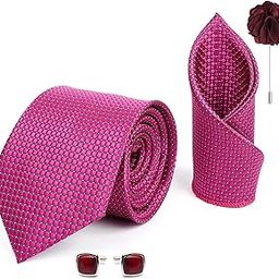 Mens Plaid Dotted Silk Necktie Gift Set With Pocket Square Cufflinks & Brooch Pin Tie For Men Formal With Leatherite Box (A9RX Free Size) | (Leather Gift Box) (Pack of 4)-picture-8