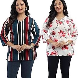 Women's Plus Size Printed Combo V Neck 3/4th Sleeves Crepe Tunic(E7-Multicolor-OFFWHITE,4XL)-picture-16
