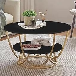 YUMN DÉCOR Contemporary Round Coffee Table: Wooden Tabletop for Living Room, Sofa Side Table, End Table, and Phone Table with Two Shelves for Storage-Black & Gold-image-113