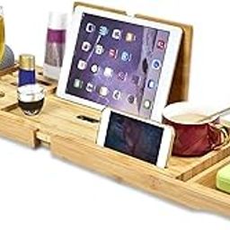 Everhype Bathtub Tray Bamboo Bathtub Caddy | Wooden Bathtub Caddy | Expandable Handles | Bathtub Organizer with Book, Tablet, Wine Glass, Cup, Towel, Cosmetics Holder-image-18