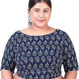 Women's Plus Size Cotton Block Print Elbow Length Sleeves Saree Blouse-19