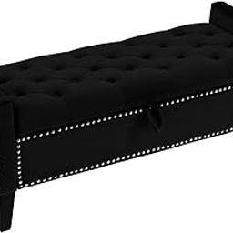 The Furnishery Jeani 45" Velvet Tufted Storage Ottoman Bench | Rectangular Stool for Living Room & Bedroom | Solid Wood Frame | Elegant Velvet Upholstery | 400 lb Capacity (Black)-image-25