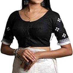 Women Cotton Blend Readymade Blouse Embroidered Elbow Sleeve Saree Blouse Front Open Ethnic Blouse for Lehenga Saree-image-1