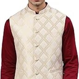 Men Fawn Woven Jaquard Silk Nehru Jacket-image-1