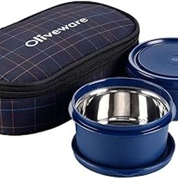 Oliveware Deniz Lunch Box, 2 Inner Steel Containers (450 ml Each), Leak Proof & Microwave Safe, Insulated Fabric Bag, Full Meal & Easy to Carry (Blue)-image-56