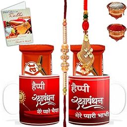 Designer Rakhi Set for Brother Bhabhi, Rakhi Set With 2 Printed Coffee Mugs - Rakhi Gift Sets for Brother & Bhabhi with Chocolate, Coffee Mugs, Greetings Card & Roli Chawal-BCRakhi-L-03_D-27_Mug-BB-image-68