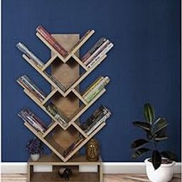 SBF Furniture Tree Bookshelf 5-Shelf Floor Standing Bookcase Free Standing Magazines Books Multipurpose Home Decor Storage Rack Bookcase Showcase Organizer Living Room (Oak Yellow) DIY(Do-It-Yourself)-picture-47