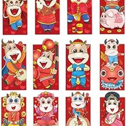 boxoon 12PCS 2021 Chinese Money Packet Festive Cartoon Cow Lucky Money Envelope 2021 Zodiac New Year Lucky Money Packets-41