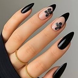 FWS Artificial fake Press On Nails Art Set (Set Of 20) Reusable Nails Extension,BridalNails,Stick-On Nails,Manicure Art Set, AcrylicNails,False Nails,DesignerNails | Nail Glue, Nail file, cuticle pusher, cleaning wipe | Glossy Black French Floral Shape Long Stiletto-image-36
