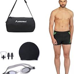 Swimming Kit for Men Boys with Trunks Costume Shorts Free Size | Swimming Cap Silicone | Swimming Goggles Antifog | Earplug and Noseplug Set (Black Combo)-image-84