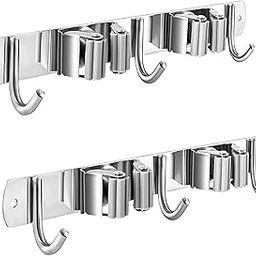 RENVA 2PCS Broom Holder Wall Mount 2 Slots 3 Hook Heavy Duty Stainless Steel Mop and Broom Organizer Rack for Wall, Tool Hanger for Kitchen, Bathroom, Garden, Home Storage (Silver, Pack 2-2 Slot)-image-96