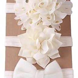 SYGA 3 Pcs Baby Headband, Flower & Bow Stretchable, Nylon HairBand for Newborn Infant Toddlers Kids 0-3 Years (Beige, Free Size)-image-7