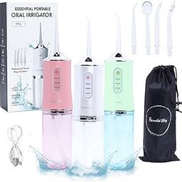 Essential Ways Water Flossers for Teeth, 220ml Portable Water Flosser, Rechargeable Battery Cordless Water Flosser, 4 Floss Picks, IPX7 Waterproof Teeth Cleaner, 3 Pressure Modes Travel, Home (Pink)-63